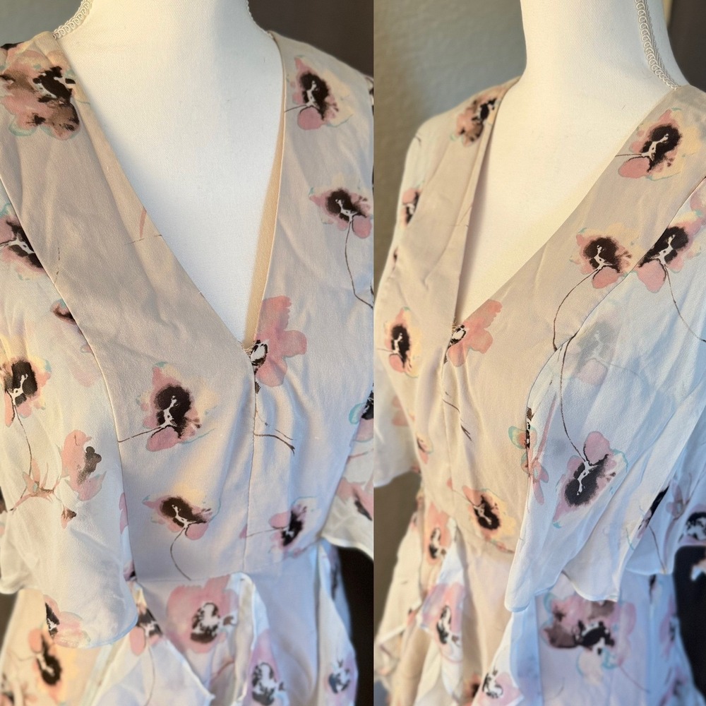 BCBGMAXAZRIA Mabel Floral Silk Dress Flutter Sleeve Ruffle V-Neck 6 - Picture 13 of 13